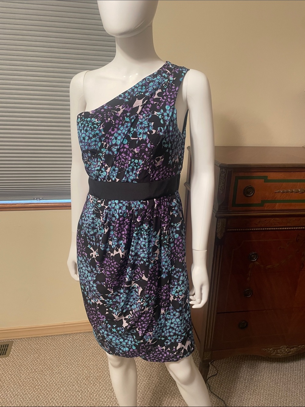 Shoshanna Silk One-Shoulder Floral Bubble Hem Dress EUC Black, Purple & Teal